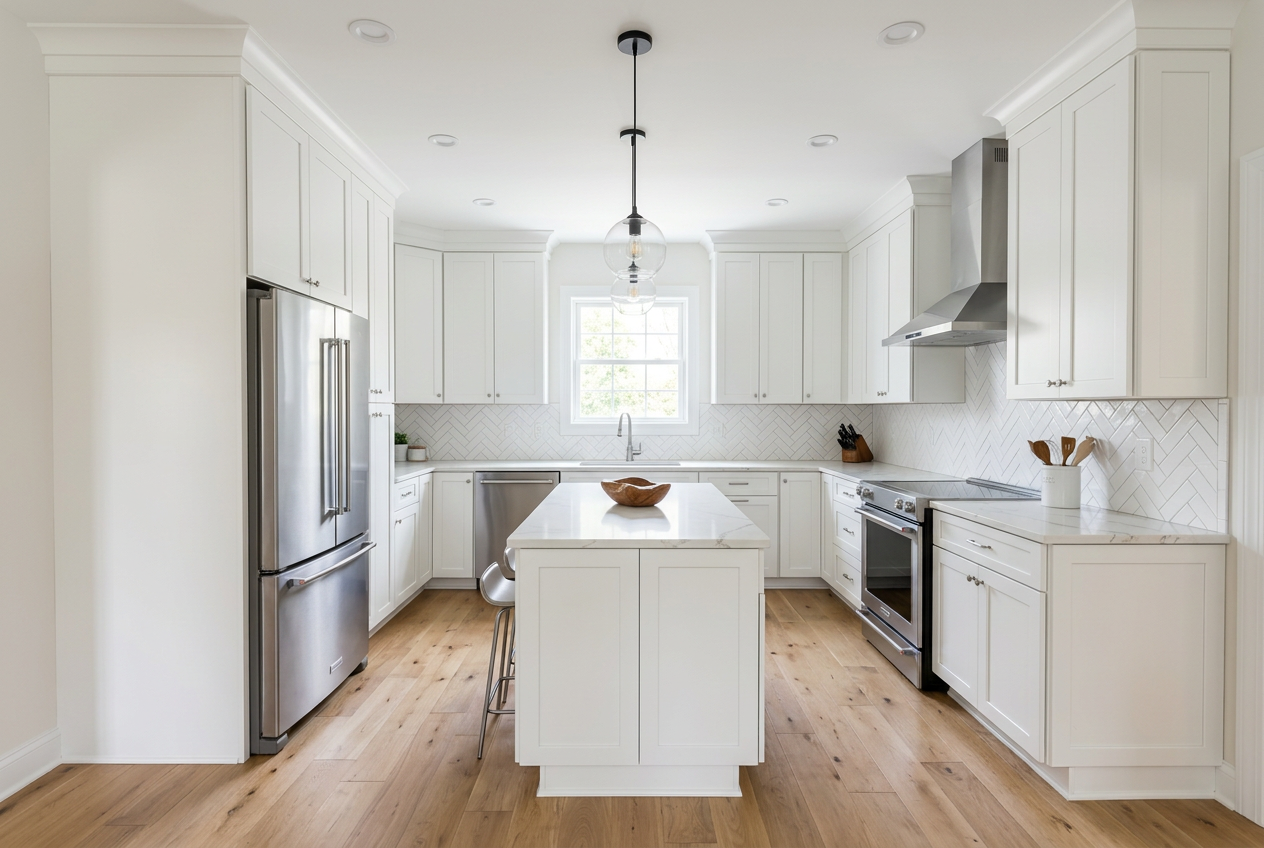 Kitchen after remodel by Thurman Construction in Sioux Falls, SD — white cabinets, quartz island and hardwood floors